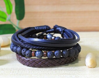 Genuine Leather Lava Stone Bracelet Set: Braided Nautical Style