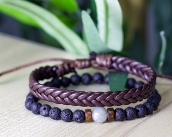 GENUINE LEATHER BRACELET, lava stone beads bracelet, mens combination bracelet, nautical bracelet, rasta bracelet