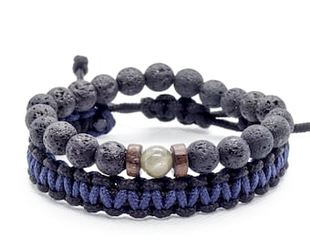 Lava Stone & Paracord Bracelet Set: Adjustable Braided Leather