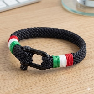 Italian Flag Paracord Bracelet, Stainless Steel Shackle, Braided Italy Jewelry