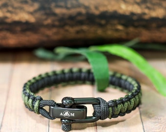 Green Army ADJUSTABLE black PARACORD BRACELET, paracord braided bracelet, stainless shackle woven paracord bracelet, birthday gift