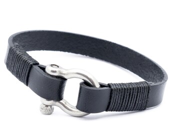 Handmade Leather Bracelet with Stainless Steel Shackle