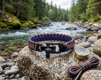 Adjustable Braided Paracord Bracelet: Navy Brown Woven Shackle