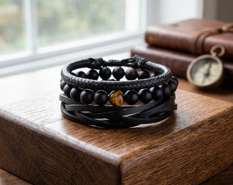 Adjustable Leather Beaded Bracelet with Onyx or Tiger Eye – Unisex Gift for Him & Her