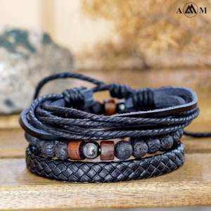 LEATHER BRACELET, adjustable lava stone bracelet, women beaded bracelet, vintage woven bracelet, men paracord braided combination bracelet