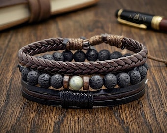 Genuine Leather Lava Stone Bracelet, Braided Beaded Nautical Bracelet