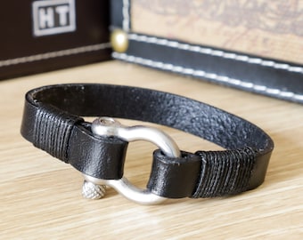 Handmade Leather Bracelet for Men: Stainless Steel Shackle Clasp