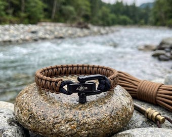 Brown Braided Paracord Bracelet, Adjustable Stainless Steel Shackle