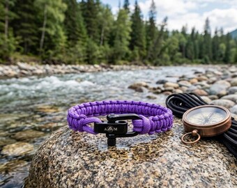 Purple Paracord Bracelet, Stainless Steel Shackle, Braided Nautical Bracelet