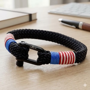 USA Flag Paracord Bracelet: Stainless Steel Shackle, Handmade