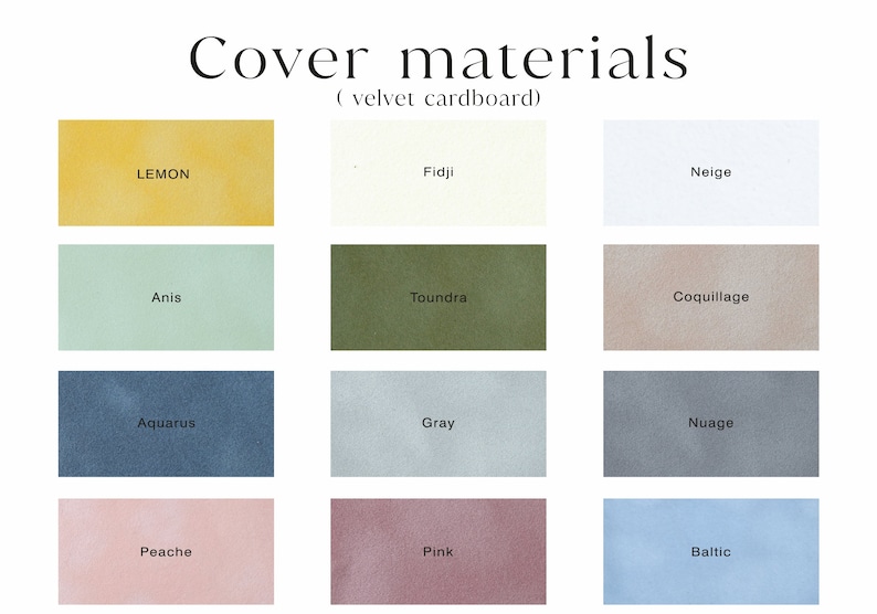 Puede incluir: Una carta de colores que muestra 12 colores diferentes de cart&oacute;n de terciopelo. Los colores son: Lim&oacute;n, Fidji, Nieve, An&iacute;s, Tundra, Concha, Acuario, Gris, Nube, Melocot&oacute;n, Rosa y B&aacute;ltico.