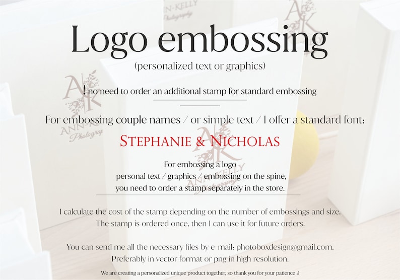 Puede incluir: Un fondo blanco con texto que dice "Logo embossing (personalized text or graphics)". El texto contin&uacute;a con "I no need to order an additional stamp for standard embossing. For embossing couple names/or simple text/I offer a standard font: STEPHANIE & NICHOLAS".