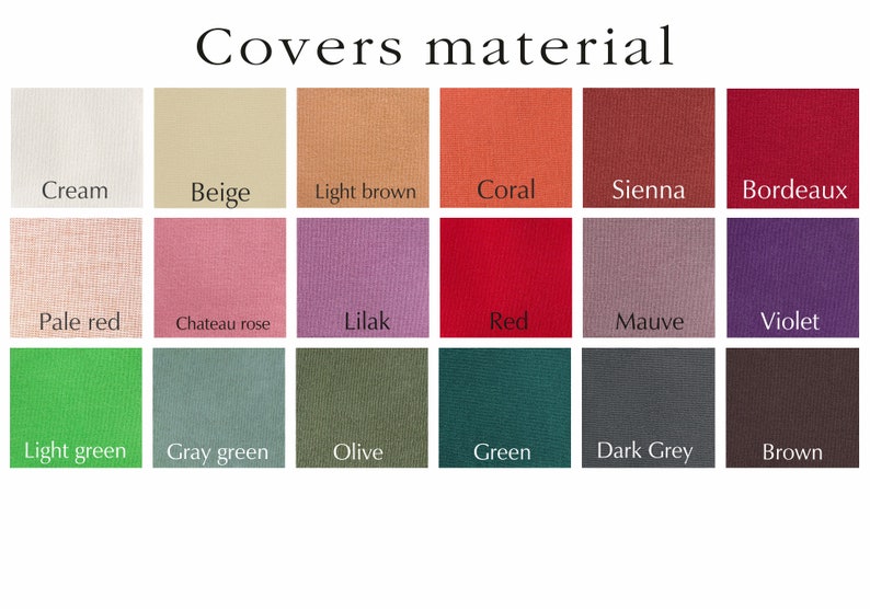 Puede incluir: Una tabla que muestra 18 muestras de tela en varios colores, incluyendo crema, beige, marr&oacute;n claro, coral, siena, burdeos, rojo p&aacute;lido, rosa chateau, lila, rojo, malva, violeta, verde claro, verde gris, oliva, verde, gris oscuro y marr&oacute;n. El texto "Covers material" est&aacute; en la parte superior de la tabla.