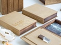 Custom 4x6 velvet and wood box for photos and USB drives product logo