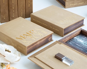 Caixa personalizada de veludo e madeira 4x6 para fotos e pen drives.
