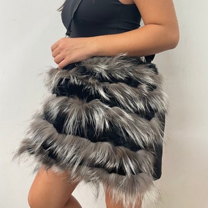 Fur bags,Real Fur Fox - Rex Rabbit bag  silver and Black colour.fur shoulder bag,