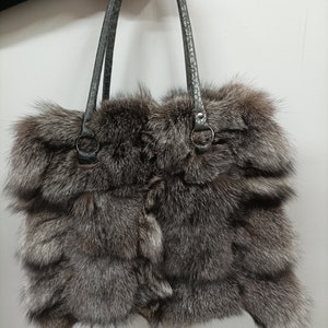 Fur bags,Real Fur Fox bag silver colour Fox fur with sheared  black rex rabbit fur on sides.