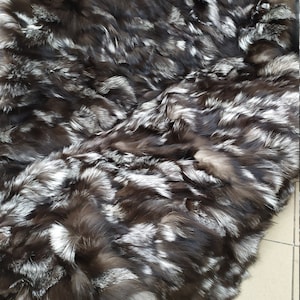 Real Fox fur blanket throw Silver and brown black  color, Home warmer
