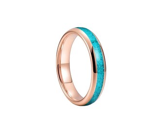 Rose Gold Turquoise Ring, 4mm Rose Gold Tungsten Ring with Turquoise Inlay, Woman Rose Gold Tungsten Wedding Band, Crushed Turquoise Band