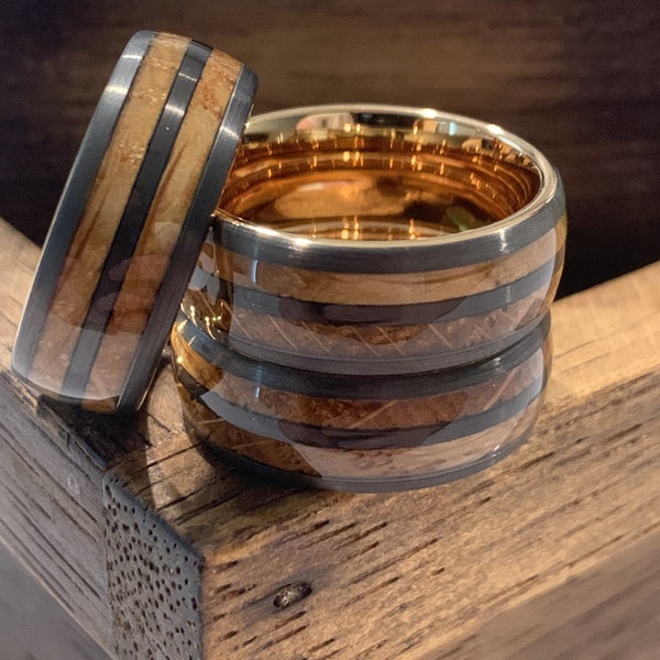 Rose Gold Tungsten Whiskey Barrel Ring, Wooden Ring for Men, Mens Whiskey Ring, Wood Wedding Band, Bourbon barrel Ring, Mens Wedding Band