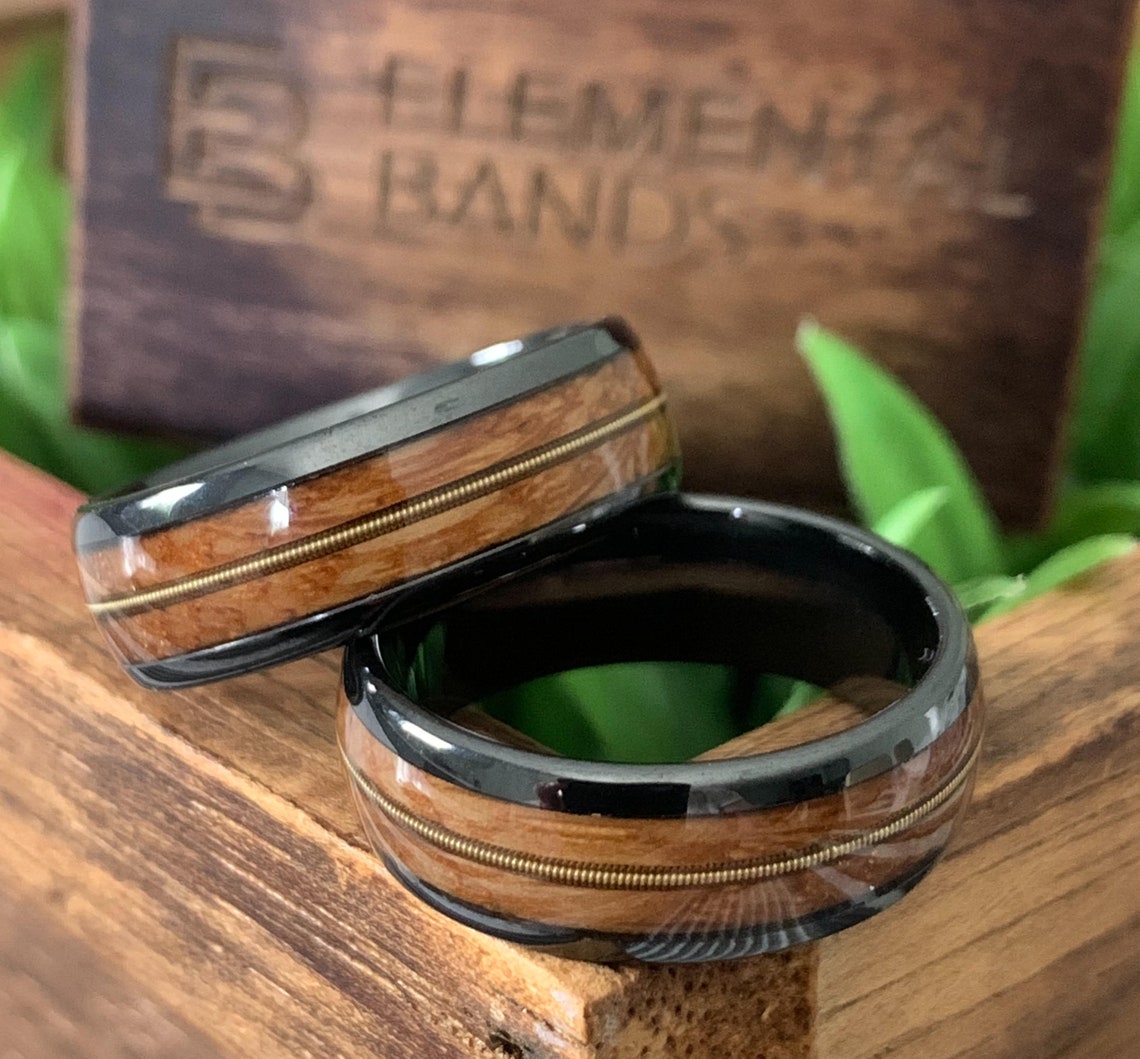 Mens Ceramic Wedding Band Guitar String Wood Ring Oak Wood Etsy