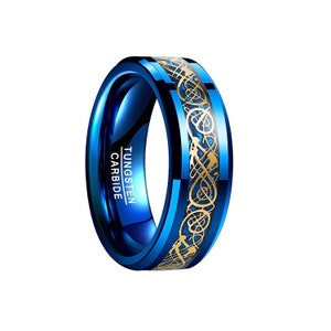 Blue and Gold Tungsten Celtic Ring, Men Blue Celtic Wedding Band, Blue Celtic Dragon Men Ring, Tungsten Men Wedding Band, Gold Celtic Ring