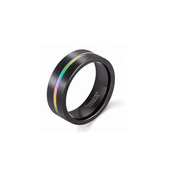 Gay Pride Ring, Rainbow Ring, Tungsten Rainbow Ring, 8mm Black tungsten Ring, Gay promise Ring, unique Wedding Ring, Lgbt Ring, Pride Ring