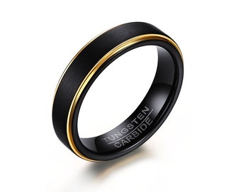 Black and 18k Gold Tungsten Ring, 5mm Black Tungsten Wedding Band, Women Tungsten 18k Gold Black Tungsten Ring, Men 18k Gold Plated Ring