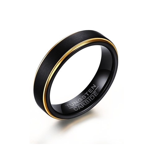 Black and 18k Gold Tungsten Ring 5mm Black Tungsten Wedding Etsy