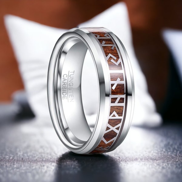 Viking Rune Tungsten Ring, Viking Tungsten Wedding Band, Norse Rune Ring, Mens Silver Tungsten Norse Vikings Ring, Koa Wood Wedding Ring