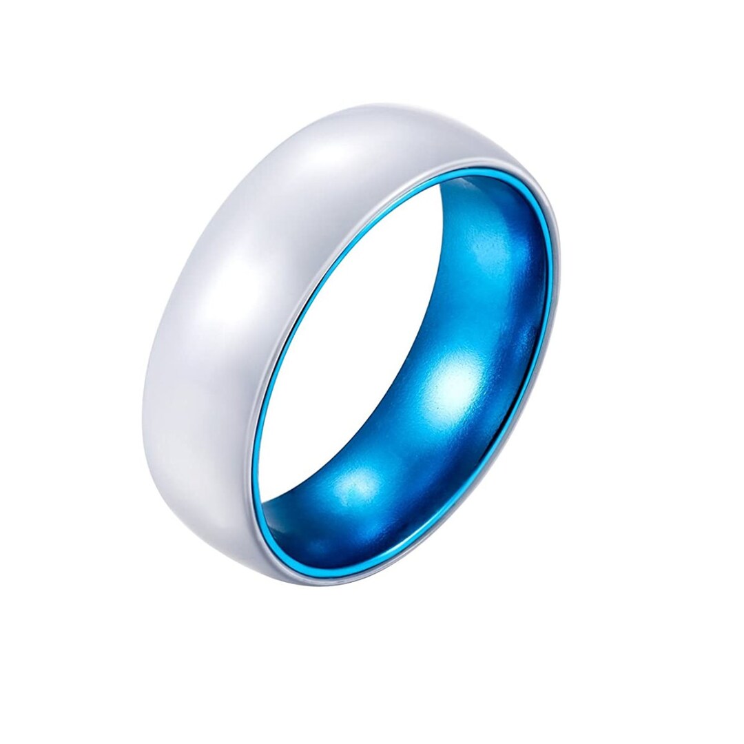 White Ceramic Wedding Ring Blue Inlay Ring Aluminum Sleeve Wedding Band