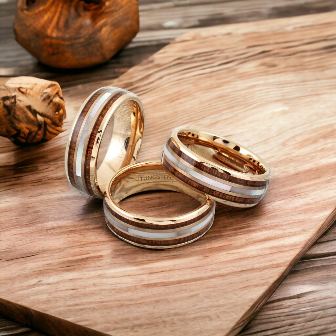 Hawaiian Koa Wood Ring, Womens Koa Wood Wedding Band, Rose Gold Tungsten Wood Ring, Hawaiian