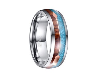 Silver Tungsten Wedding Band, Tungsten Koa Wood Ring, Silver Tungsten Ring, Turquoise Wedding Ring, Rose Gold Arrow Ring, Nature Ring