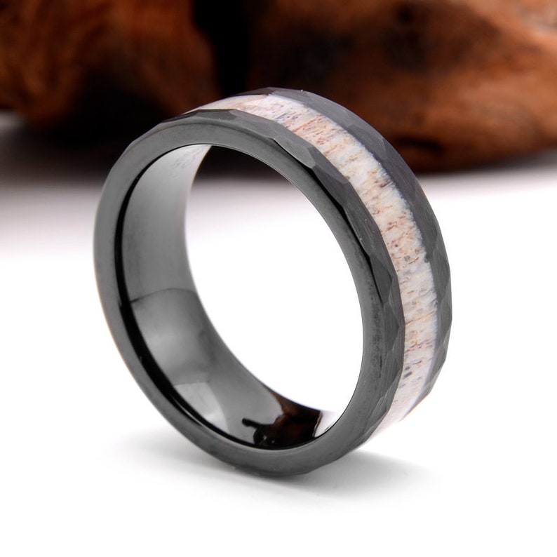 Deer Antler Ring Mens Antler Wedding Band Black Tungsten Etsy