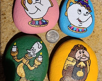 Set of 4 Beauty and the Beast Hand Painted Rocks
