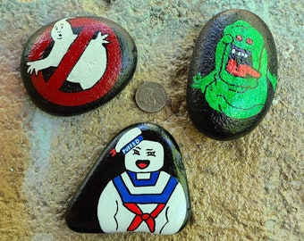 Set of Three Hand Painted Ghostbusters Themed Decorative Rocks