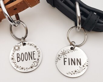 Personalized Moon and Stars Pet ID Tag, Engraved Cat and Dog Pet ID Tag, Cat and Dog Collar Tags, New Puppy Gift