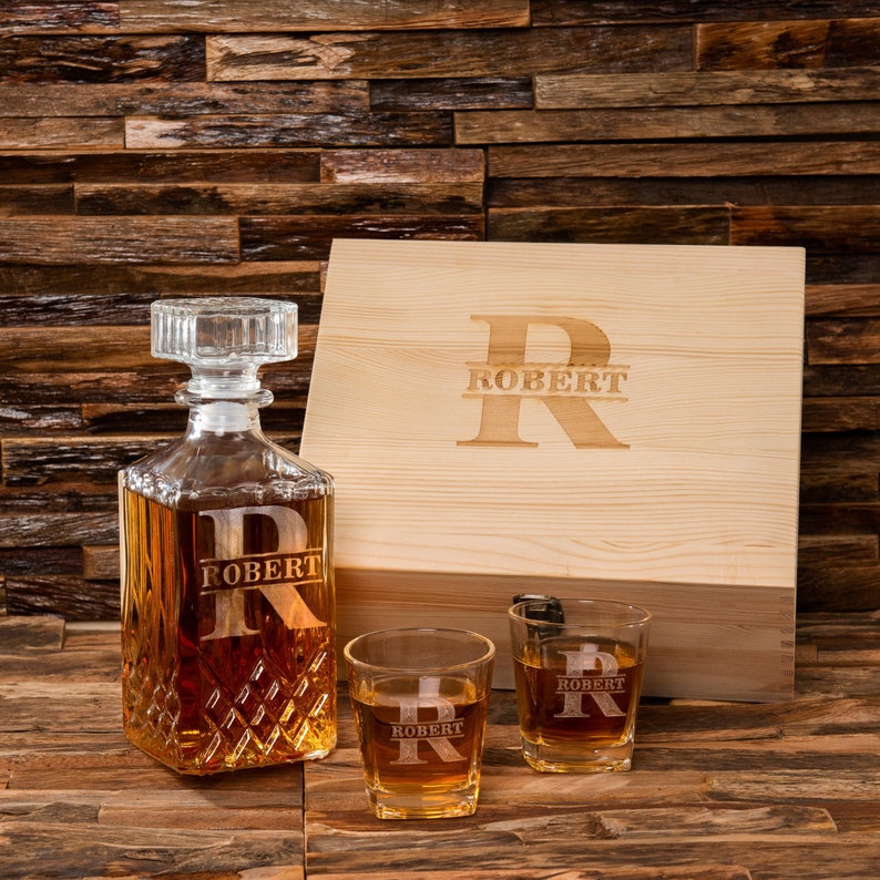 Groomsmen Gifts Personalized Whiskey Decanter Set with Wood image 1