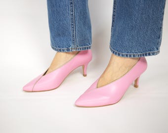 Leather shoes,  pink, Italian leather, bridal shoes, mid heel, Pump shoes  for women, Kitten Heel, Classic shoes