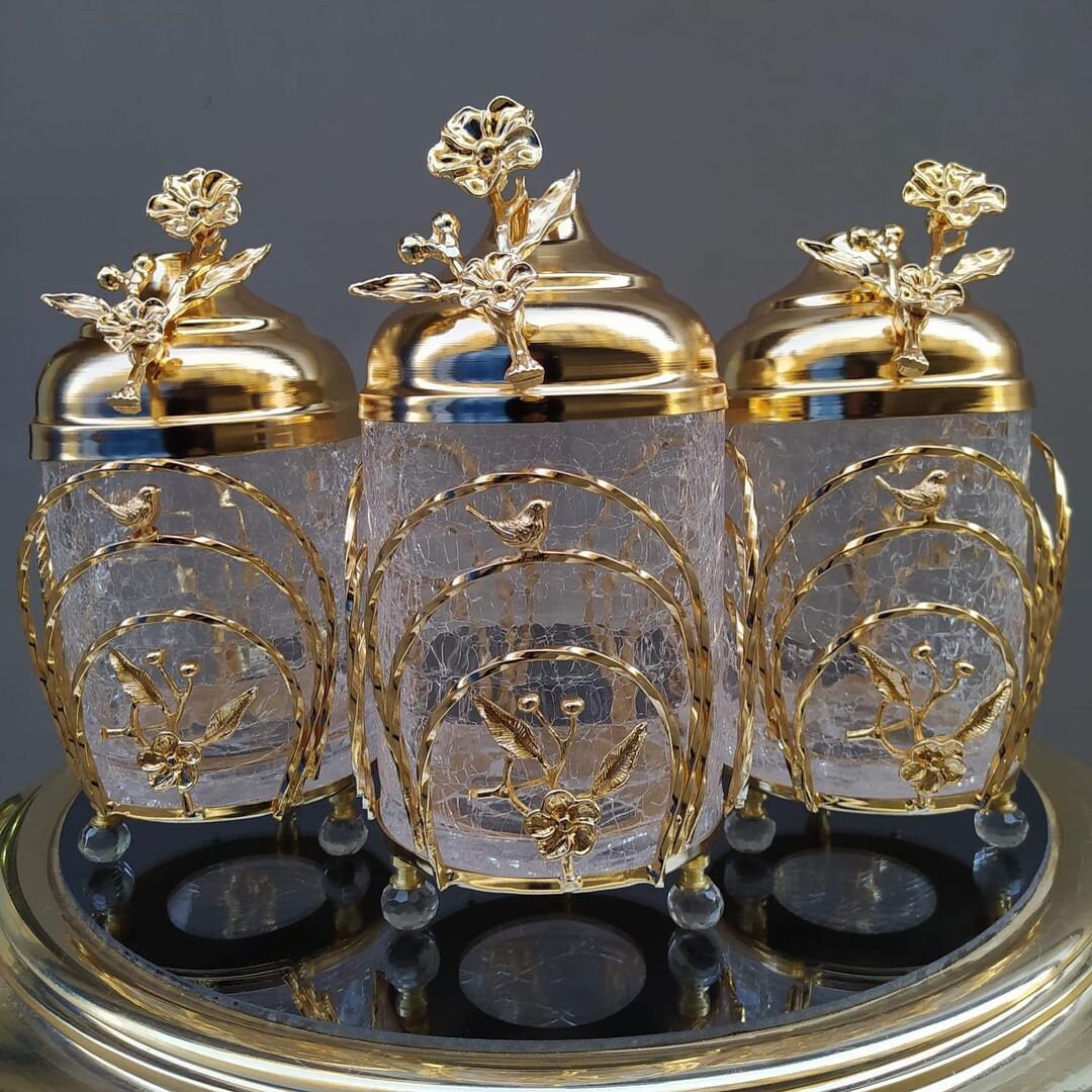 Glass Canister Set Gold Kitchen Decor Glass Jar Set Luxury Etsy