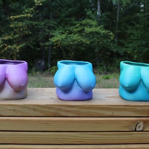 Puede incluir: Tres macetas de cerámica con forma de busto con un degradado de color. Las macetas son en tonos de morado, azul y turquesa. Las macetas están sobre una superficie de madera.