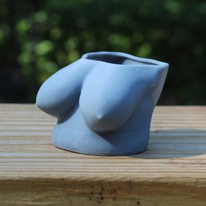 Puede incluir: Un macetero de cerámica gris en forma de busto. El macetero tiene un acabado liso y mate y una parte superior redondeada.