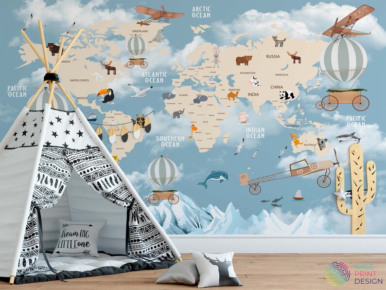 Map of the World Themed Removable Peel and Stick Wall Paper Etsy