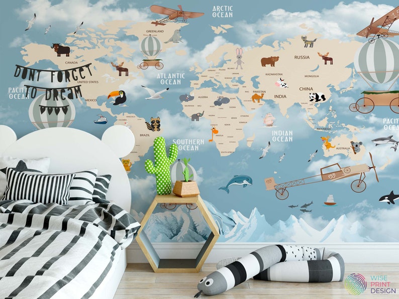 Map of the World Themed Removable Peel and Stick Wall Paper Etsy