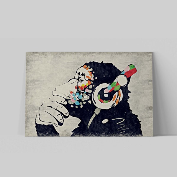 Thinking Monkey Canvas, Banksy Monkey with Headphones Wall Art, Framed Print, Various Sizes