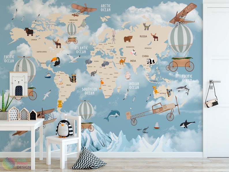 Map of the World Themed Removable Peel and Stick Wall Paper Etsy