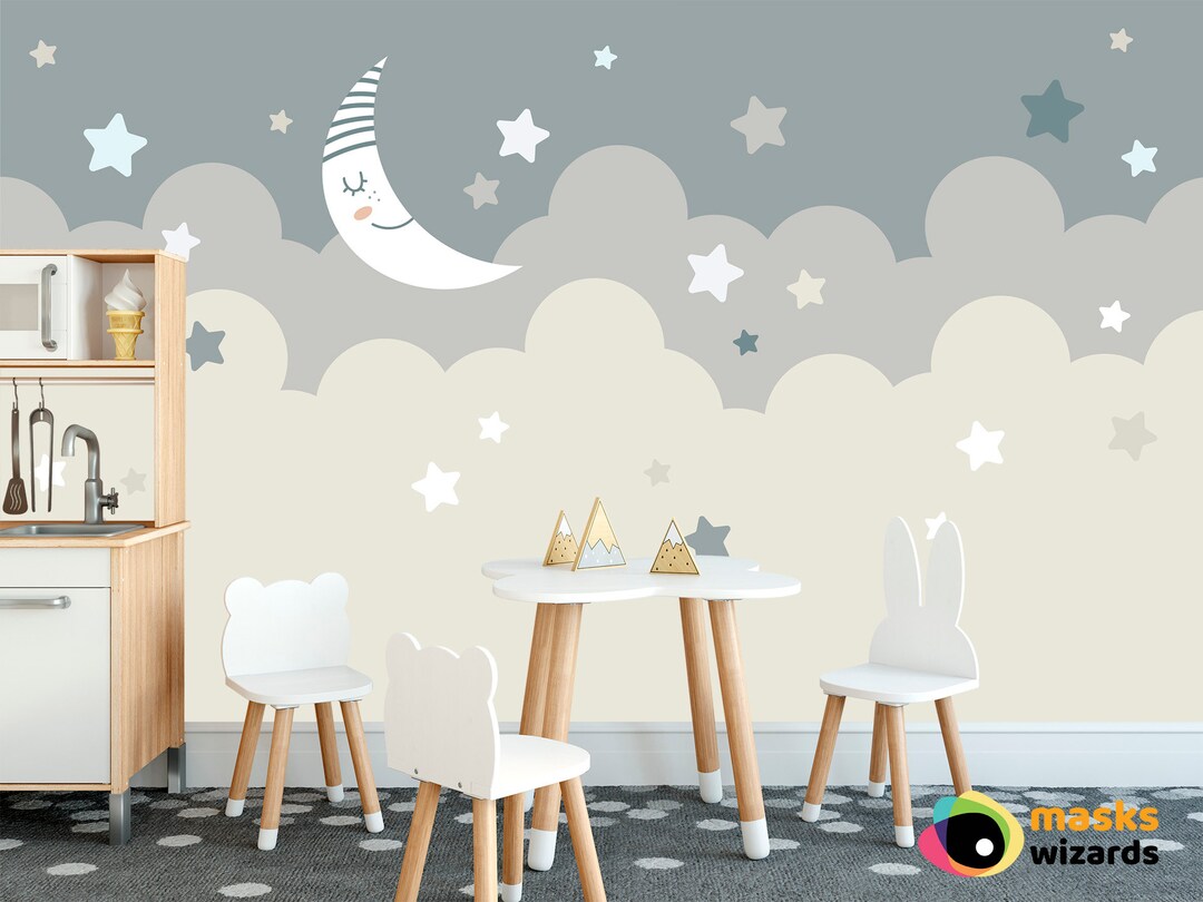 Sleepy Moon and Stars Themed Removable, Peel and Stick Wall Paper for