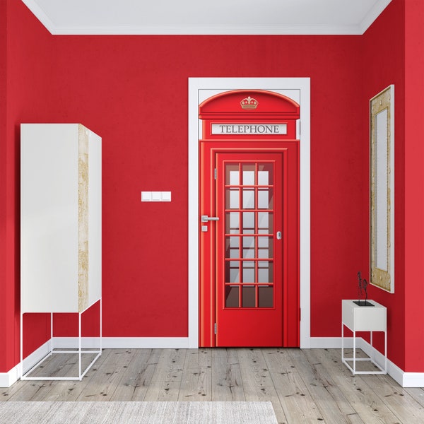 London Telephone Booth Door Mural, Red Phone Booth Door Decal, Wall Sticker, Home Decor, Office Decor