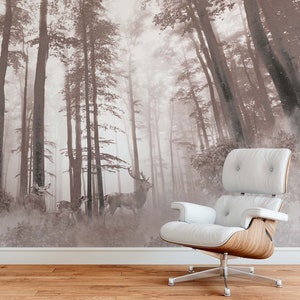 Deer in the Fog Wall Paper, Forest Serenity Wall Paper, Calming Forest Themed Removable, Peel and Stick Wall Paper For Home Decor