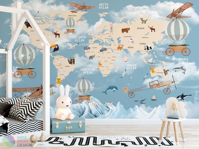 Map of the World Themed Removable Peel and Stick Wall Paper Etsy